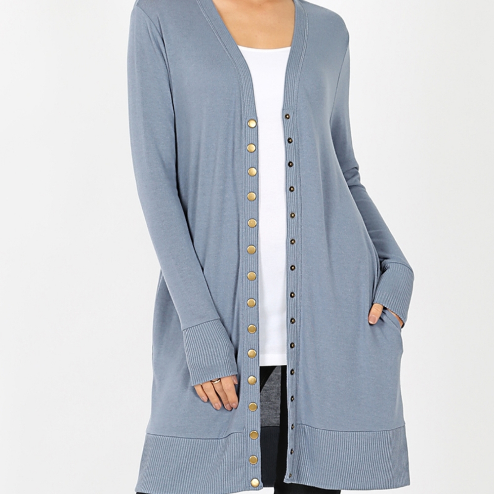 Zenana Thigh-length Snap Button Cardigan Cement